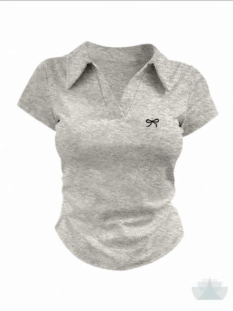 

Bowknot Embroidered Collar Short,sleeved T,shirt For Women, Lapel Slim Fit Cotton Top XL