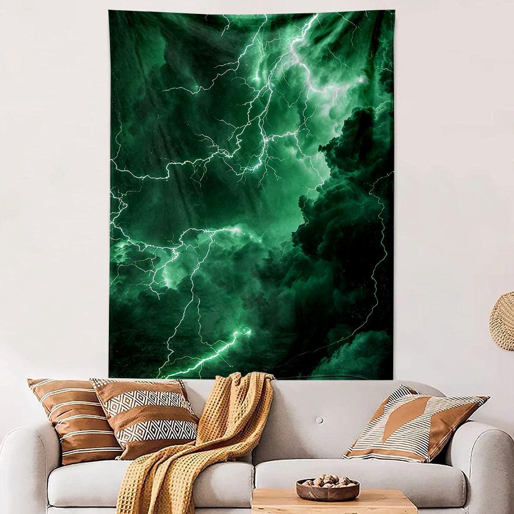Nature Wall Tapestry Dramatic Green Storm Clouds White Lightning Bolts Electric Thunderstorm Sky Moody Decor for Bedroom Living Room