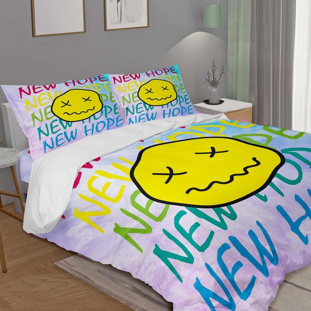 Smiling Face Graffiti Bedding Set Themed Colorful Print Microfiber Student Dormitory Bed Sheet Duvet Cover Kid Gift Home Textile