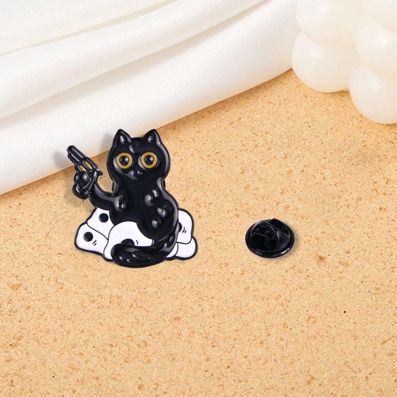 Cartoon Kitten Metal Brooch - Cute Black Cat with Gun