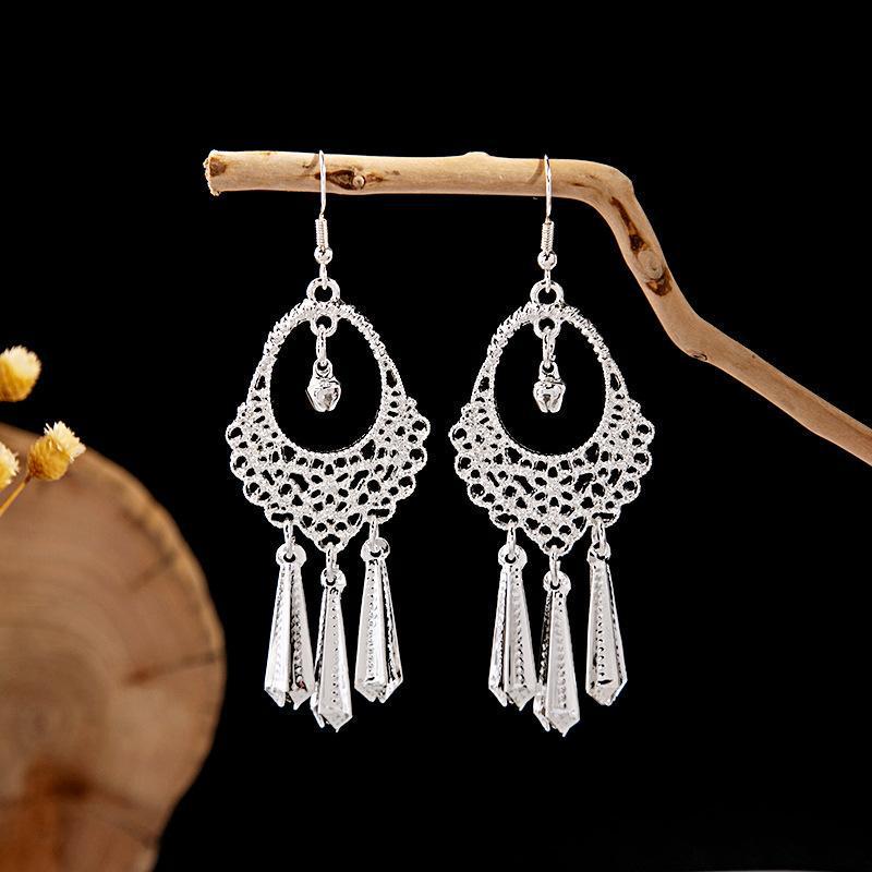 Ethnic Miao Silver Leaf Tassel Earrings