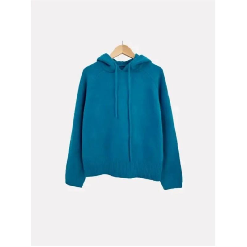 

Women s Fall and Winter Design Lazy Wind Knitted Sweater Spring Hooded Pullover Short Tops XXS синий