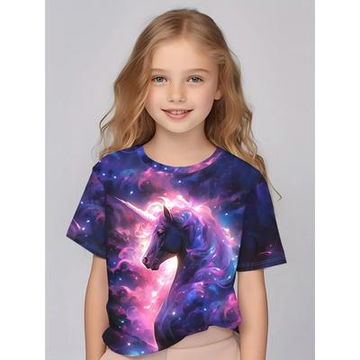 Kinderkleidung, charmantes 3D-Feen-Print kurzärmeliges T-Shirt-Oberteil für Mädchen, bequemes rundhalsiges Freizeit-T-Shirt, Kinder-Mädchenkleidung