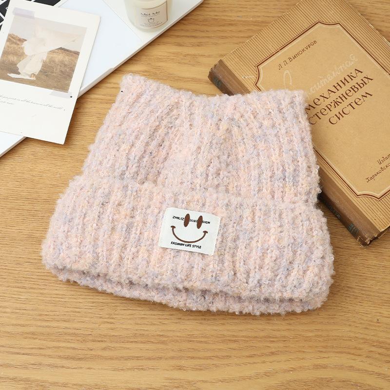 Autumn and Winter Hats Women's Cat Ears Cute Smiley Face Plush Thermal Hat Ear Protector Versatile Knitted Wool Hat