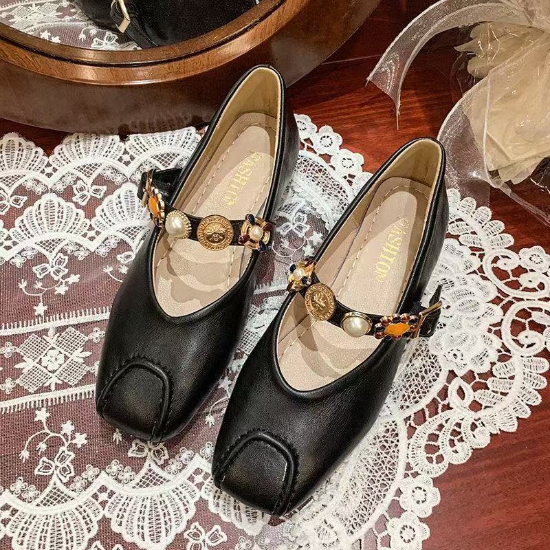 Single shoes women's summer new niche soft leather one-pedal square heel Mary Jane women's shoes
