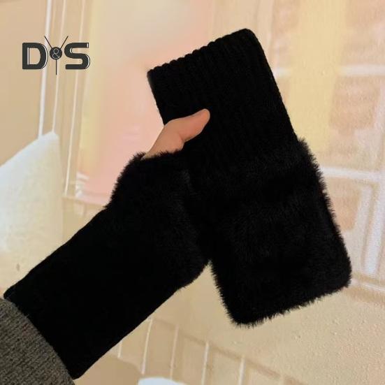 1 Pair Women Winter Gloves Half-finger Thick Plush Elastic Warm Heat Retention Non-slip Windproof Wrist Protection Cycling Riding Mittens