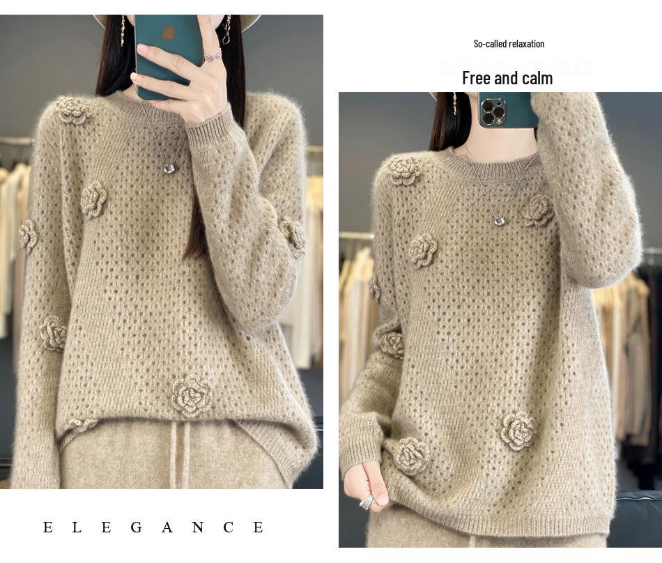 2025 Autumn/Winter Women's Thick Cashmere Hand-Knit Hollow Round Neck Long Sleeve Sweater