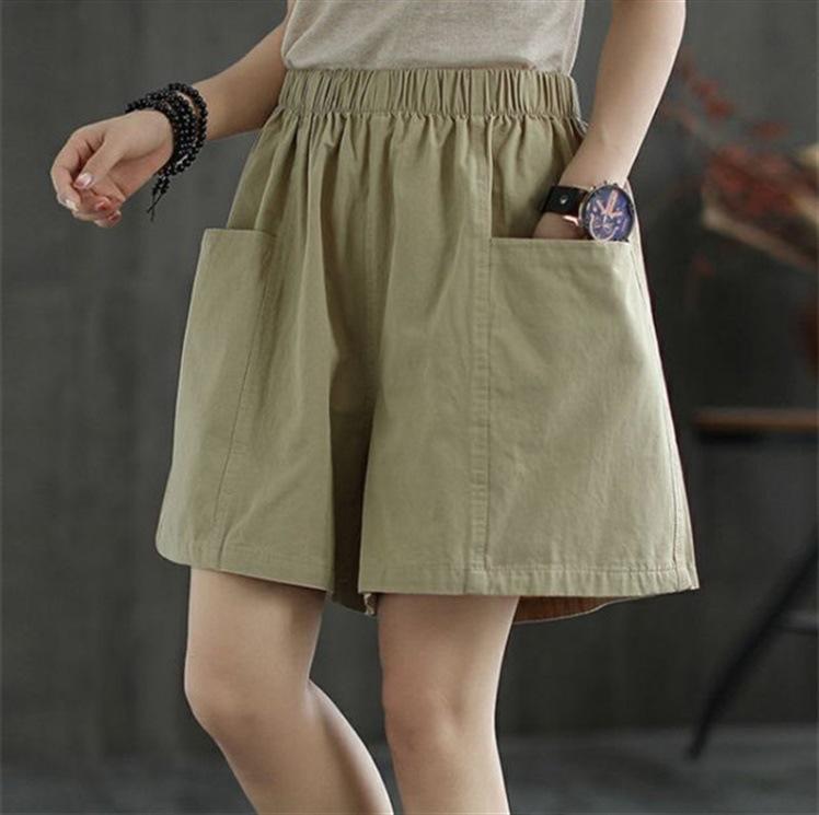 

Женские летние хлопковые шорты с широкими штанинами: Свободный, Большой размер, Утягивающий, Повседневный, Средней длины Double Extra Large хаки