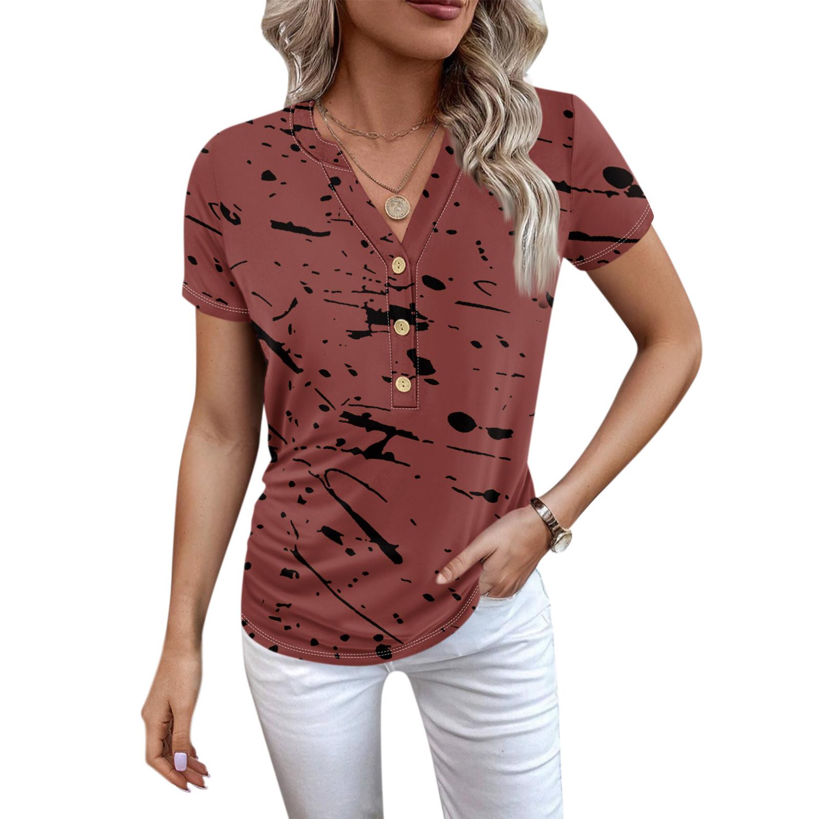 

Нові жіночі футболки з V-подібним вирізом на ґудзиках і короткими рукавами з ретро-принтом, верхній повсякденний топ, великі футболки XL кавун червоний колір