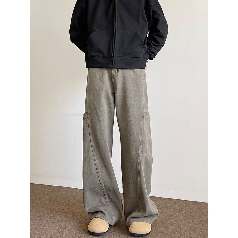 Men's Winter Trendy Workwear Jeans with Large Pockets, Loose Fit, Floor-Length, Vintage Solid Color Wide-Leg Pants