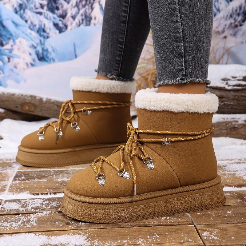 Women's Faux Fur Snow Boots, Metal Detail Slip-On Ankle Boots, Slimming Winter Booties with Lace-Up Option