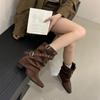 2025 New Retro Pointed Thin Boots Belt Buckle Thin But Knee Pile Boots Women's Versatile Thick Heel Mid Boots
