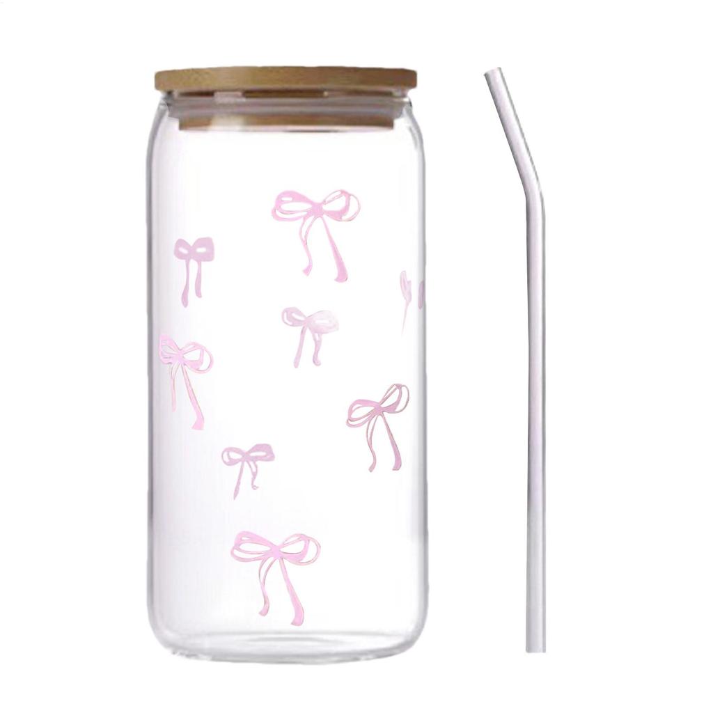 500ml Cute Bow Bottle Bow Glass Cup with Lid and Straw Pink Bow Cute Glass Cups with Lids and Straw Tumbler Glass Cup for Coffee