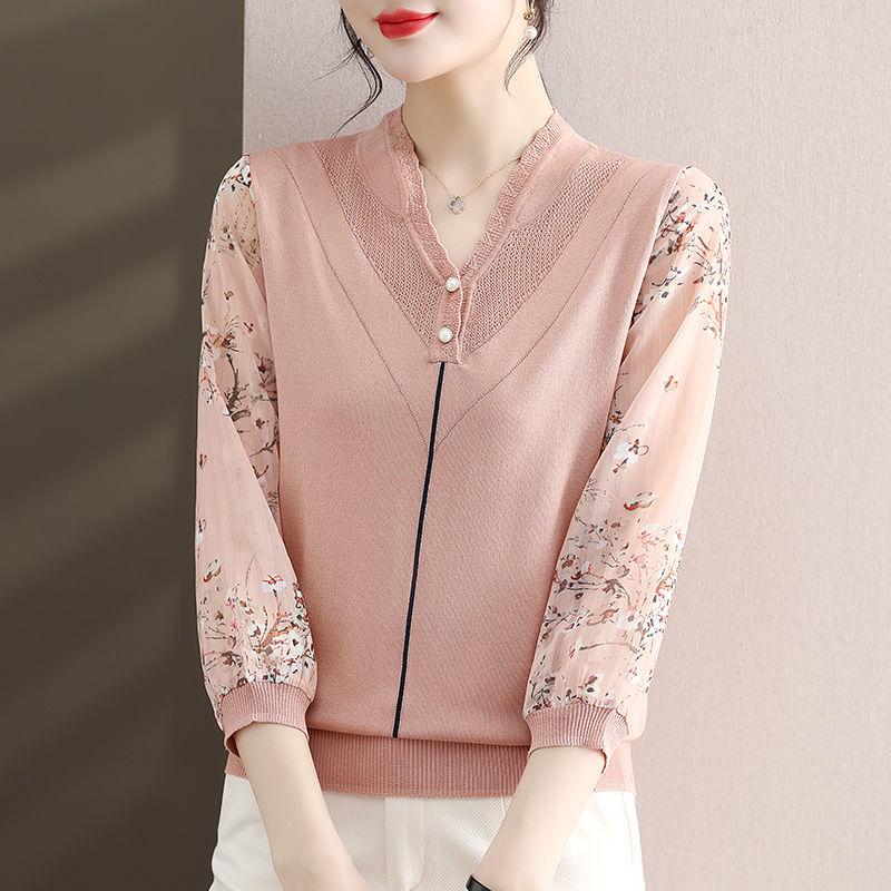 

Мамин весенний трикотажный свитер из ледяного шелка: Модная пряжа с рукавами для женщин среднего возраста, топ с рукавами семь восьмых 3XL (140-150 jin)