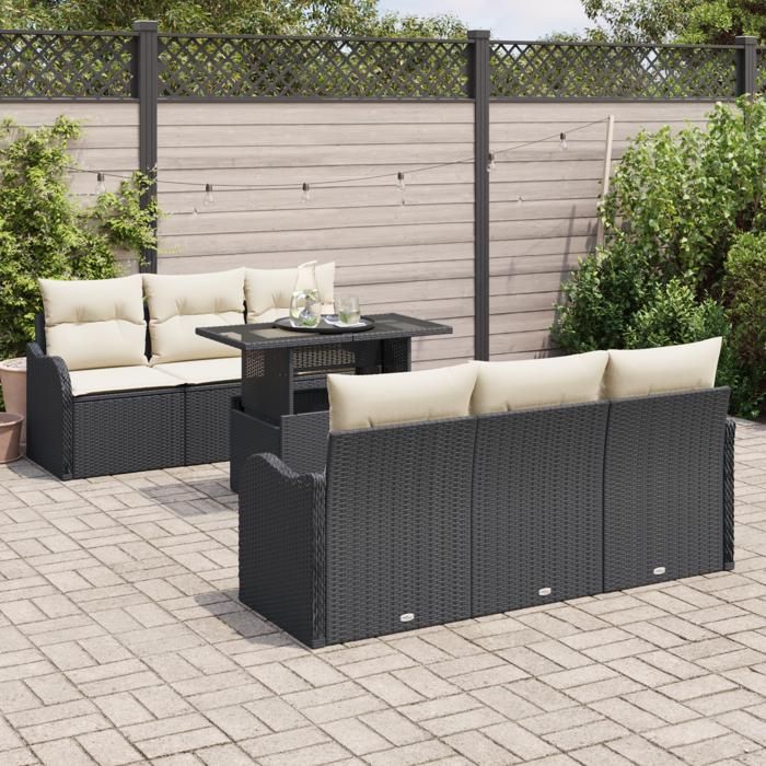 Ensemble de canapé de jardin vidaXL 7 pièces avec coussins Noir Rattan Poly, Canapé de jardin 2 places vidaXL avec rangement 3357120