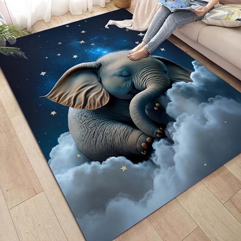 Dreamy Elephant Rug for Nursery | Starry Night Clouds Design | Soft Floor Mats for Baby Rooms Skid resistant carpet