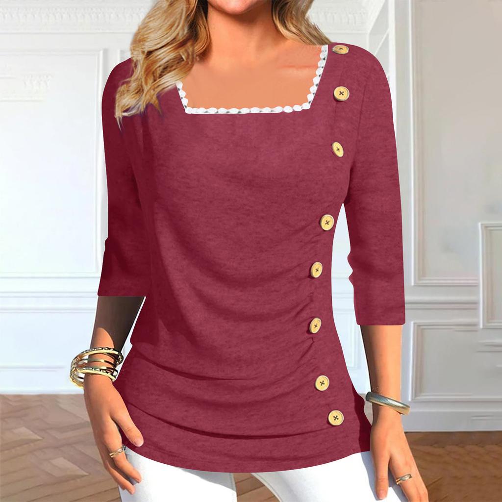 Women's 3/4 Sleeve Tops Summer Lace Trim Slim Casual Tops T-Shirt Square Neck Pullover Tops T-Shirts Summer Tops Three Quarter Sleeve Tops