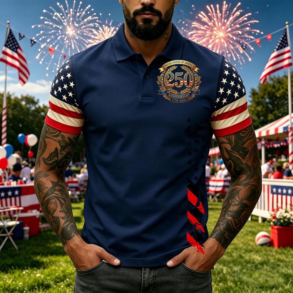 Men's Short Sleeve Polo Shirt with Independence Day Print Casual Fit Button Down Collar Top for Everyday Wear