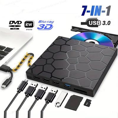 7 In 1 External CD/DVD Drive USB 3.0 Type C Portable DVD Player CD Burner External Disk Drive for Desktop Mac Windows Linux