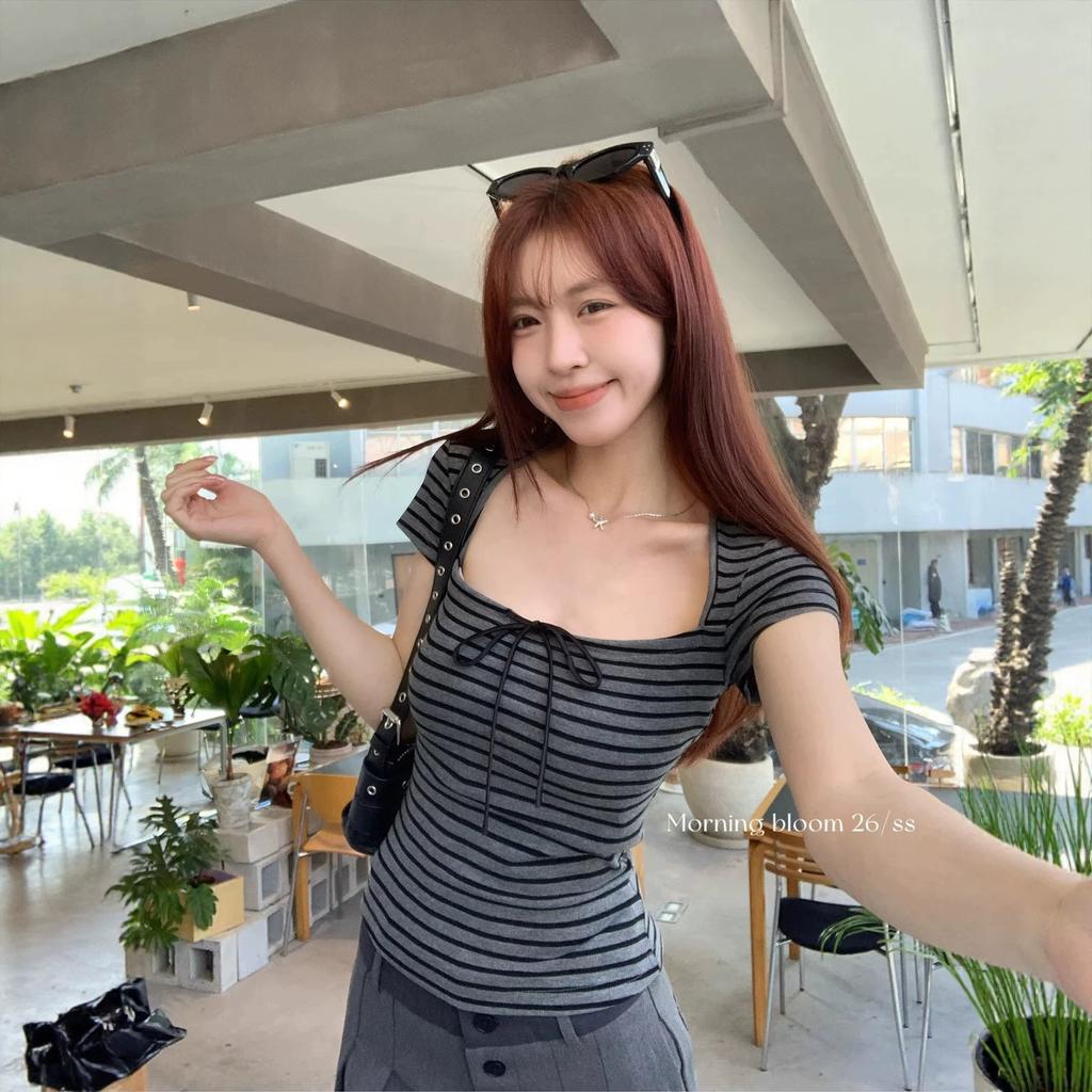 Summer New Korean Spice Girl Slim-fit Contrasting Stripes Square Neck Bow Strap-on Slim-fit Short-sleeved T-shirt Women's Top