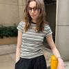 Women Casual Striped Slim Fit T Shirt Short Sleeve Tee with Round Neck Straight Shoulder Bottoming Tops