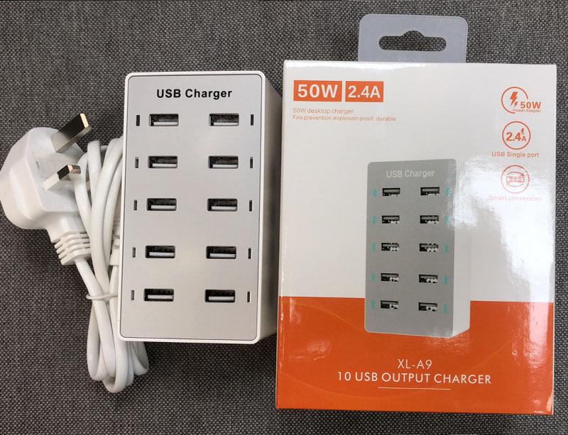 50W Multi-Port Power Strip: 10 USB Charger for Mobile Phones with US, EU, and UK Plugs