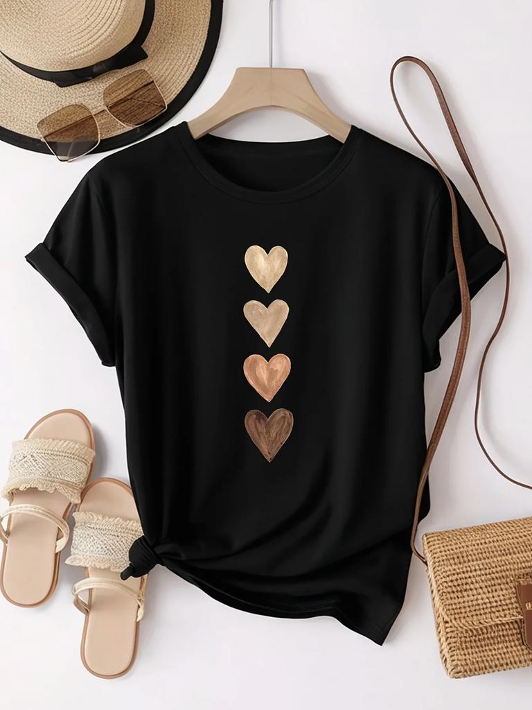 Women's Short Unisex Casual T-shirt with Four Hearts Graphic Print Novelty Round Neck T-shirt