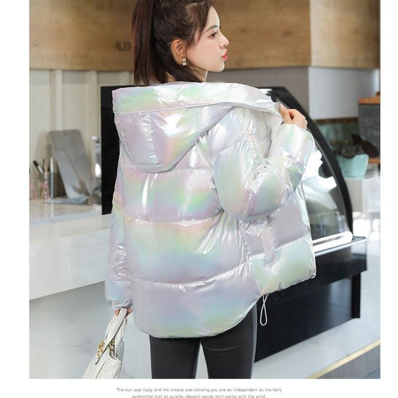 Vysoce kvalitní barevný a lesklý kabát v novém korejském stylu Dámská volná bunda s kapucí Chlébový kabát bez praní