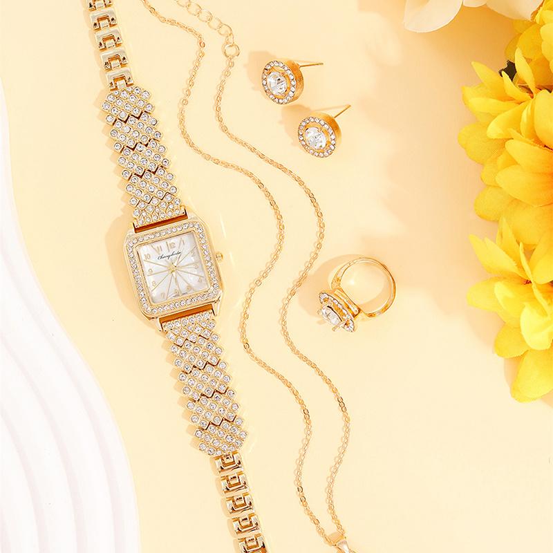 5PCS Fashion Womens Necklace Bracelet Watches Set Women Business Calendar Stainless Steel Quartz Watch Casual Wristwatch