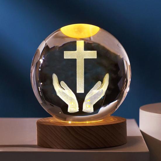 3D Hands Prayer Faux Crystal Ball with Wooden Base Clear Engraved Prayer Hand Ball Night Light Religious Christian Gifts for Women Men