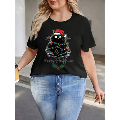 Women's Clothing Christmas Cat Print Crew Neck Short Sleeve Casual T-Shirt