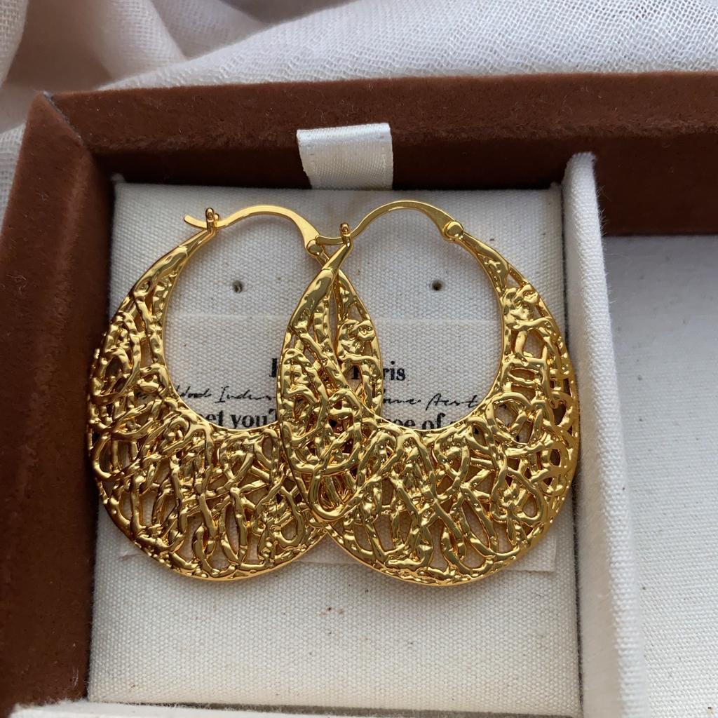 Unique Niche French Retro Cold Wind High-End Ear Buckle Brass 22K Real Gold Simple Circle Temperament Earrings