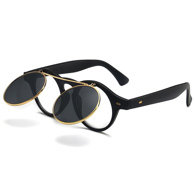 Retro Flip-Up Punk Steampunk Round Double-Layer Sunglasses European & American Trend 8008