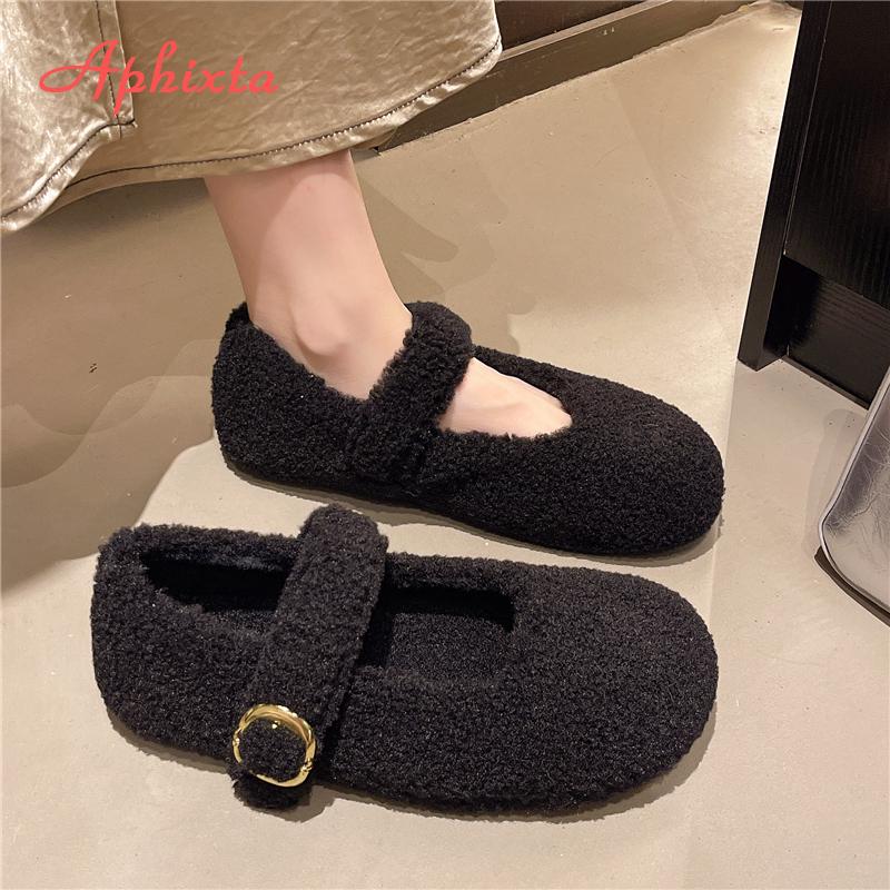 Fashion Aphixta Flat with Furry Shoes for Woman Soft Short Plush Buckle Women's Loafers Korean Style Ladies Shoe Luxury Brand Shoes