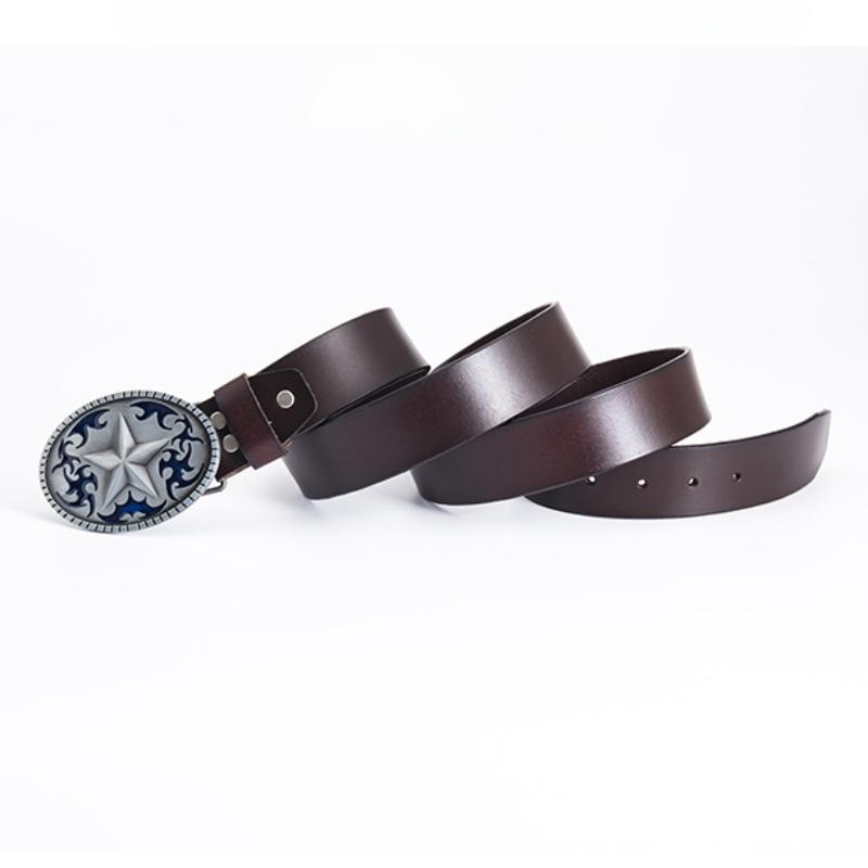 Pentagram Leather Men's Cowhide Belt Retro Smooth Buckle Wide Belt Decorative Belt