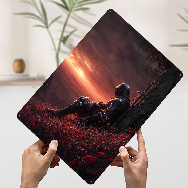 Medieval Knight in Poppy Field Metal Poster Customized Wall Art Retro Vintage Tinplate Signs for Man Cave Living Room Decoration