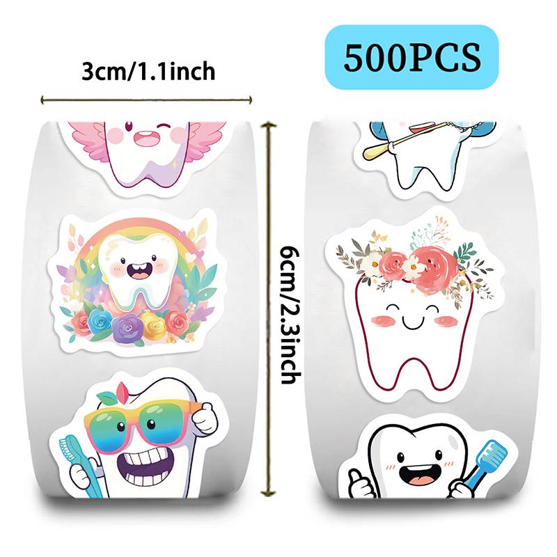 500pcs/Roll Dental Stickers Cartoon Decoration Tooth Shaped Sticker Label Sticker Dentistry Dental Clinic Decals Dental Supplies