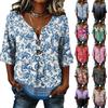 Ladies' Floral Print Button Casual V-neck Fashionable Seven Quarter Sleeve Top