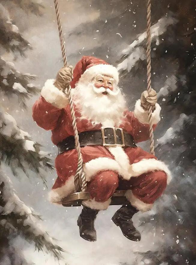 Christmas Tree Wall Art Decor Santa Claus On Swing Posters Prints Snowman Deer Winter Canvas Painting For Festival Decoration