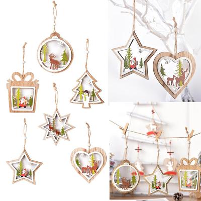 5 Christmas Decorations Wooden Hollow Pendants - Christmas Tree, Elk & Snowman Christmas Atmosphere Decor
