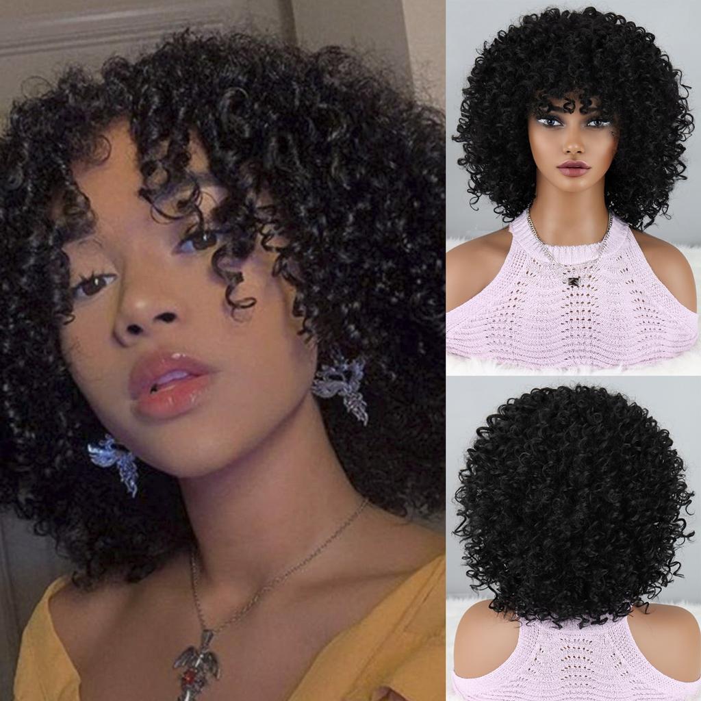 Curly Wigs for Women -Curly Wig with Bangs Natural Black Hair Synthetic Heat Resistant Full Wigs