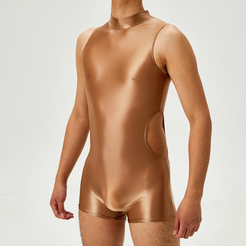 Sexy Herren-Einteiler Ausgeschnittenes Bodysuit Unisex Strumpfhose Elastisches Leotard Öl Glänzend Glatt Leotard Formgebender Jumpsuit