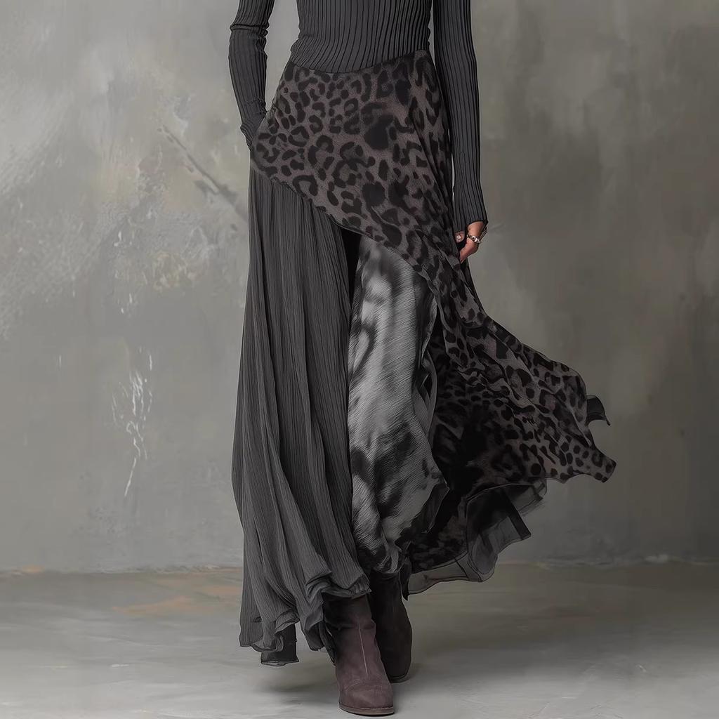Women's Long Sleeve Knit Top and Asymmetric Skirt Set with Animal Print