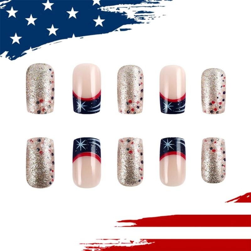 Independence Day Press on Nail Square Star False Nail 4th of July Designs Stick on Nail French Tip Nail Accesories