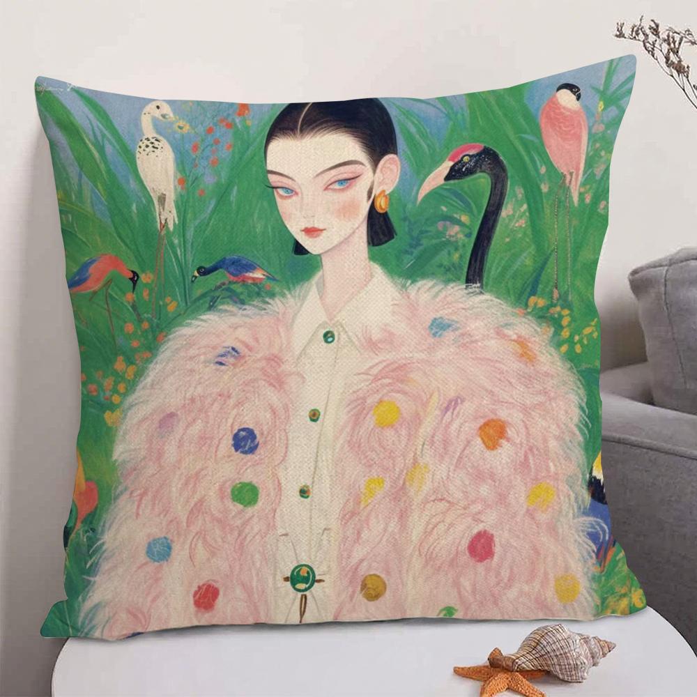 1PC Fashion Illustration Cushion Cover Natural Linen Organic Fabric DoubleSided Printing Sofa Home Decor Gift Pillow Case