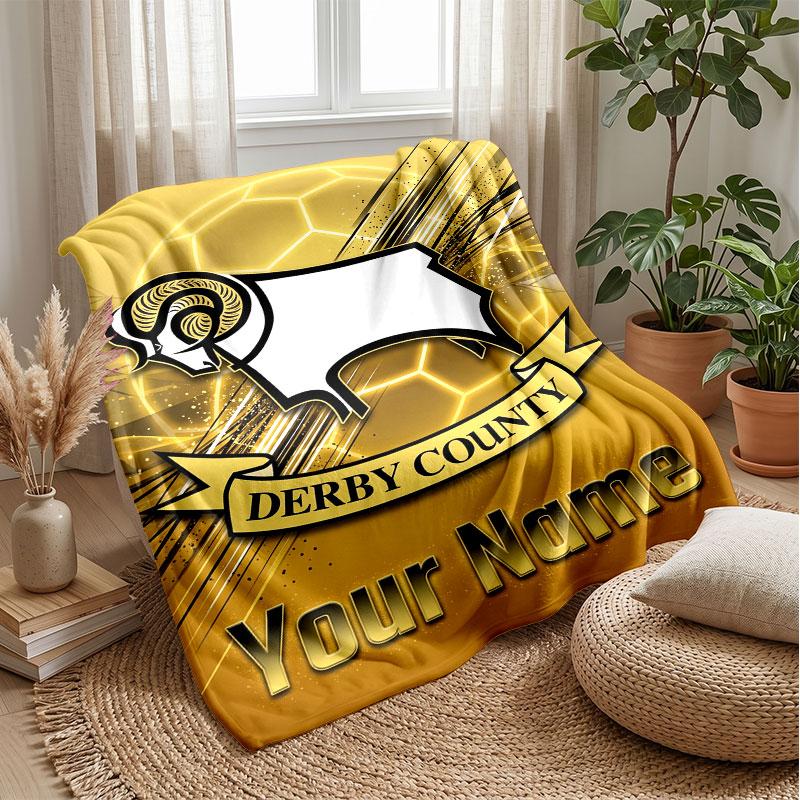 Derby County Benutzerdefinierter Name Text Flanelldecke Fußball Logo Personalisierte Fleece-Kuscheldecke Besonderes Geschenk für Sofa Schlafzimmer Zuhause