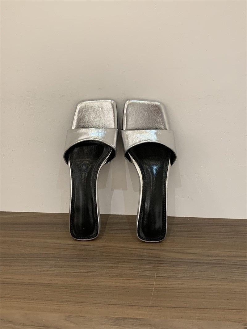 

Summer 2025 new one-word with silver half-slippers women s thick heel simple high-heeled sandals square toe cool slippers 40