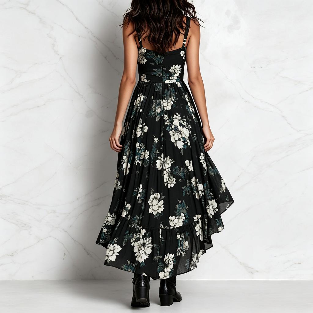 2026 new European and American style printing suspender dress women's V-neck waist high split long dress fashion vacation dress