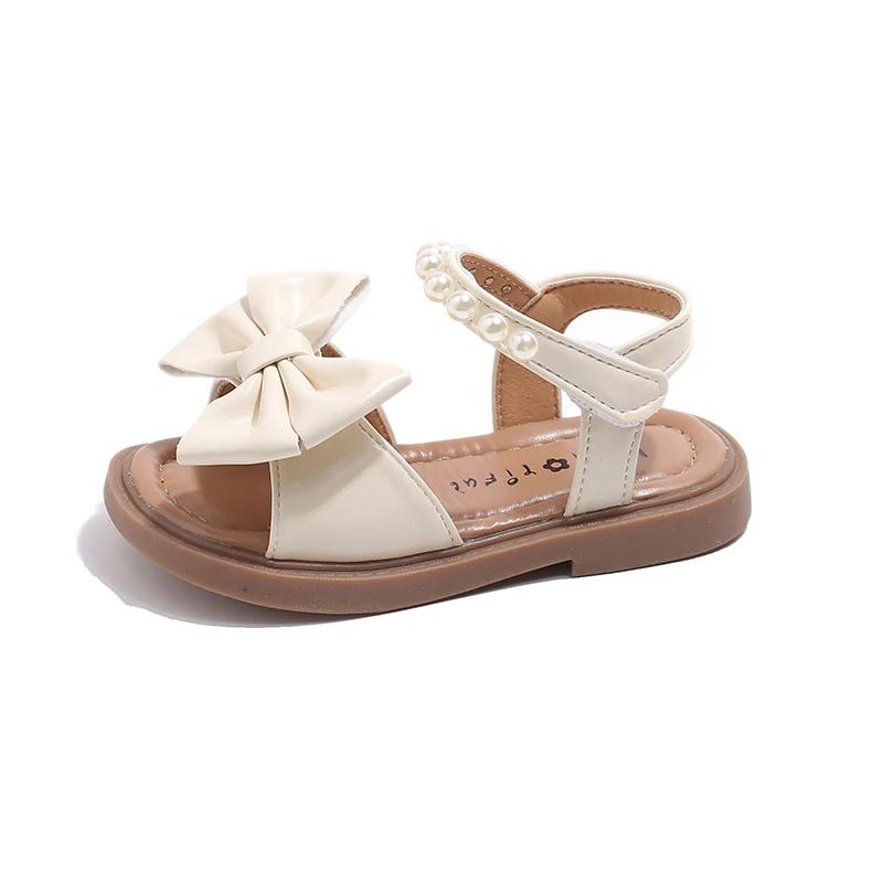 Toddlers Summer Girls Leather Sandals Princess Soft with Pearls Sweet Children Holiday Sandals Chic Open Toes Kids Bowtie Shoes