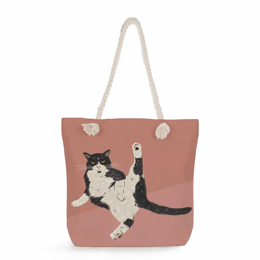 Cartoon cat print thick rope single-shoulder beach bag 7233